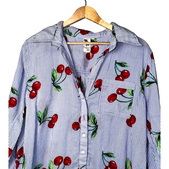Violet Sky Blue Striped Cherry Print Half Button Top Size Medium - Picture 2 of 7